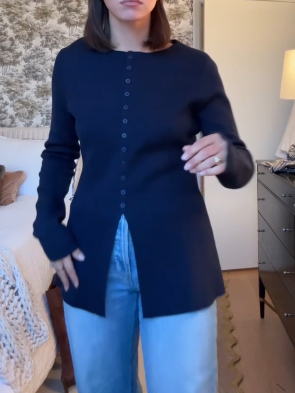 Women's navy blue Button-Front Cardigan - Tailored Knit